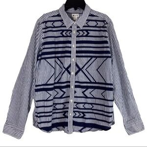 STYLUS Mens Top Blue and White Striped Button Down Shirt Dark Blue Graphic